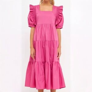 English Factory Square Neck Ruffle Midi Dress Size S